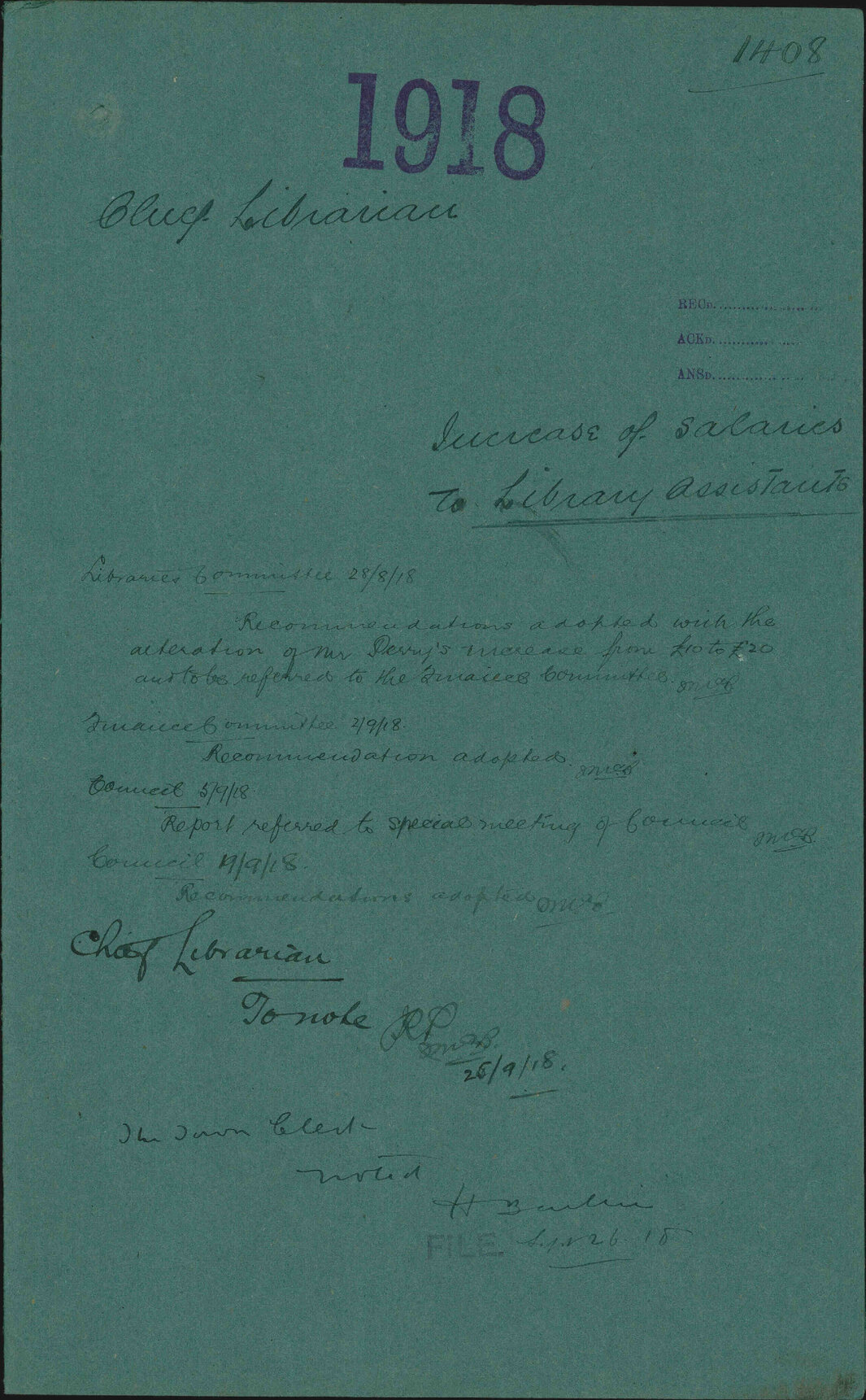 Increase of salaries to Library Assistants - Chief Librarian