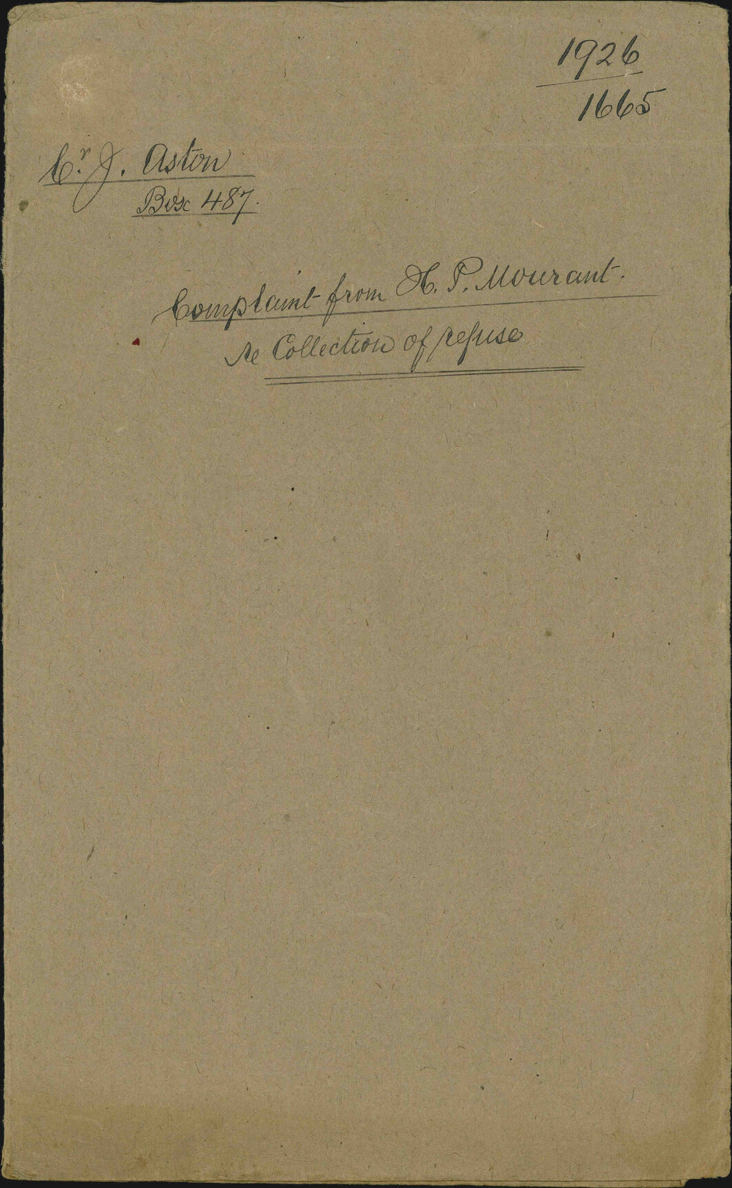 Complaint from H P Mourant regarding collection of refuse - J Aston, box 487