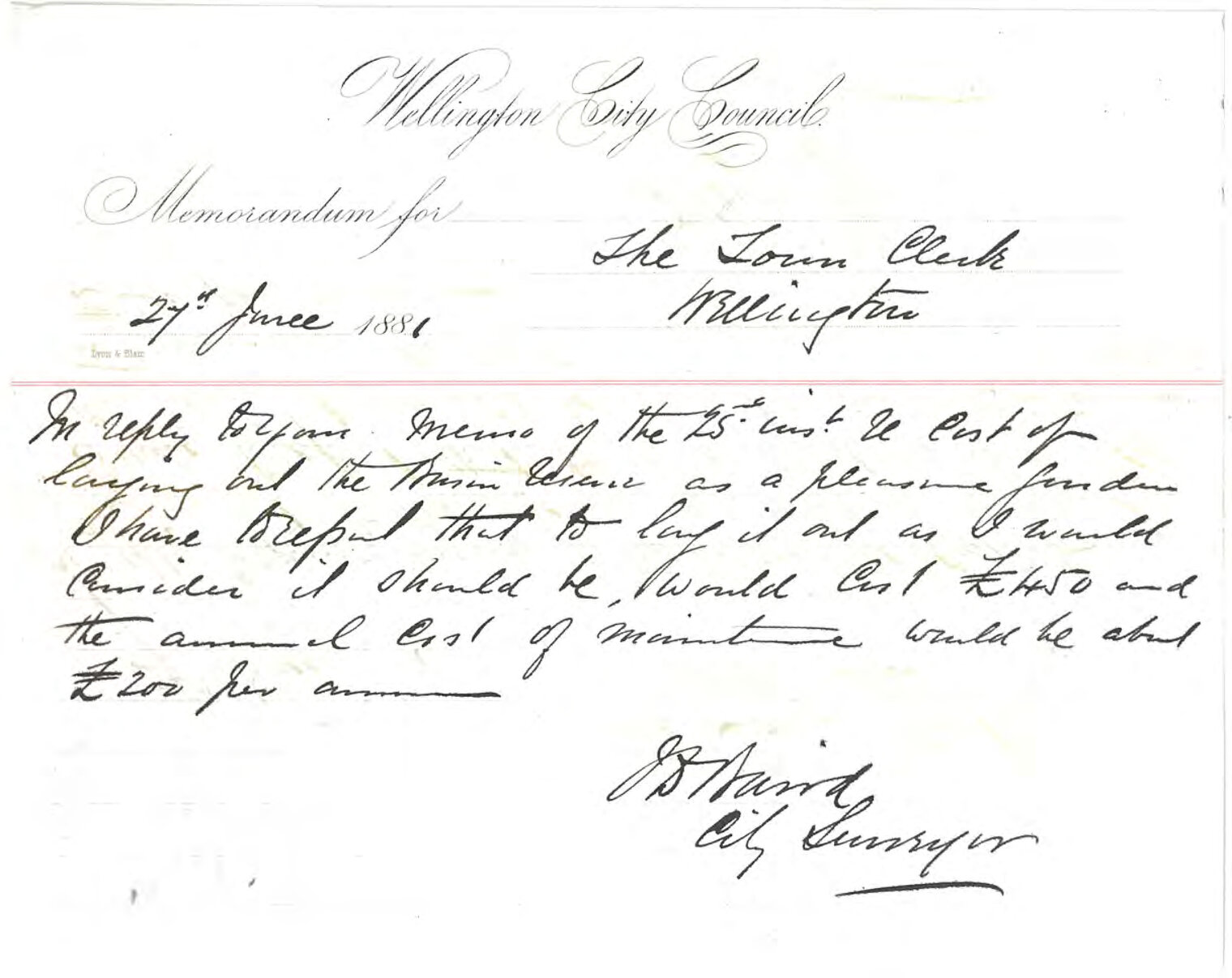 City Surveyor, regarding cost of laying out Basin Reserve