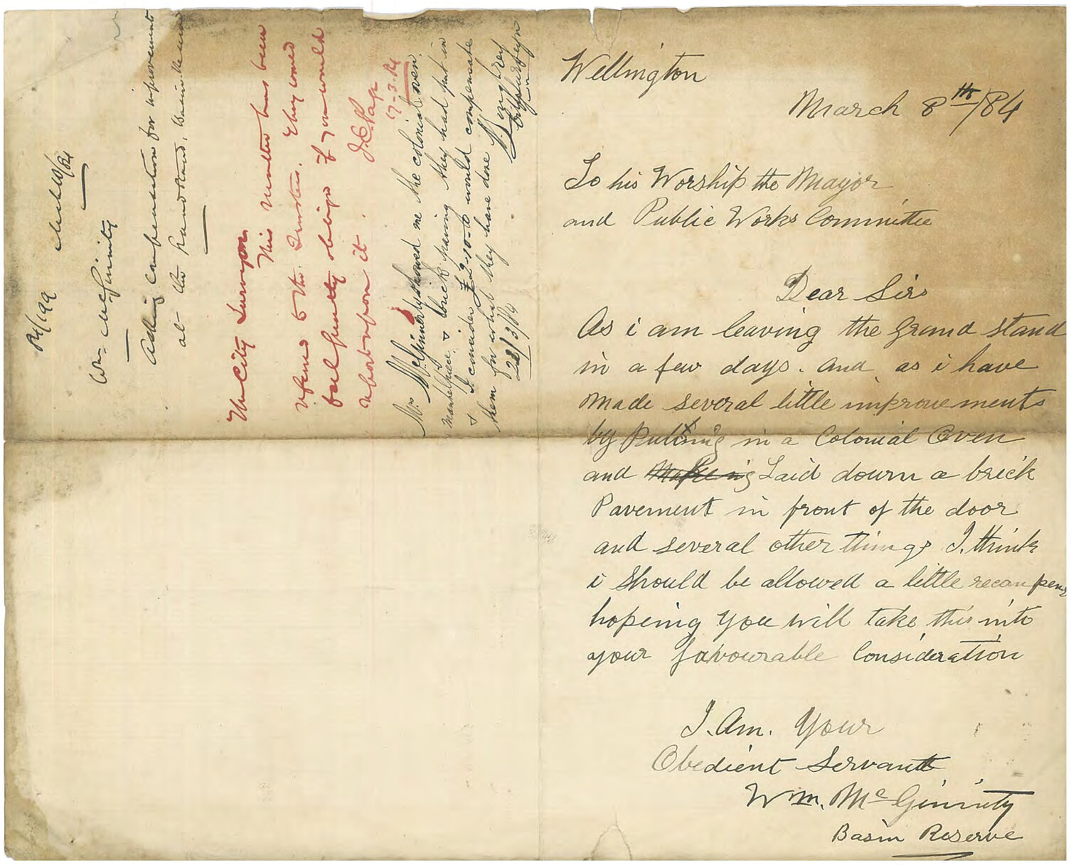 Asking compensation for improvements at the grandstand, Basin Reserve - W McGinnity