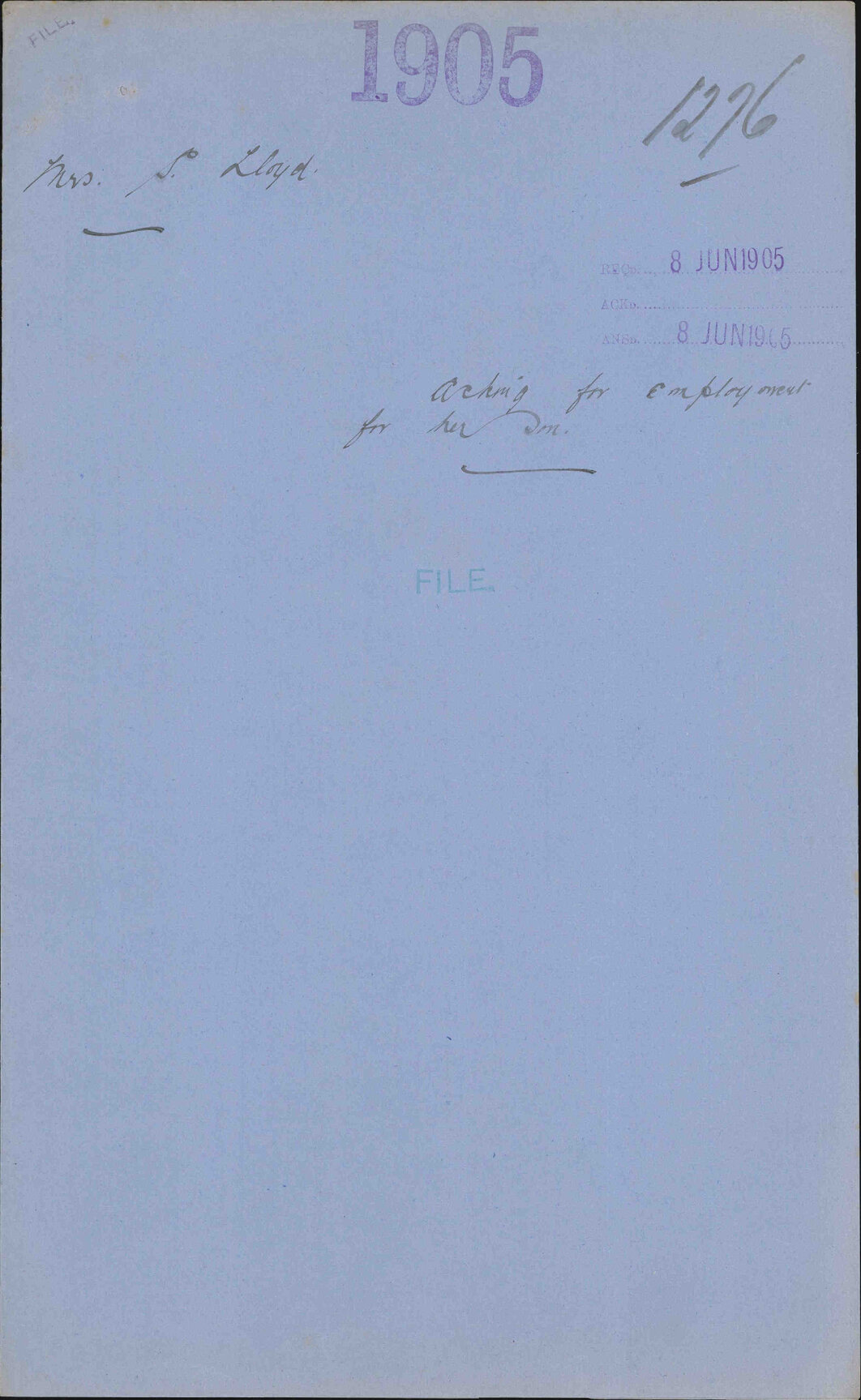 Asking for employment for her son - Mrs S Lloyd