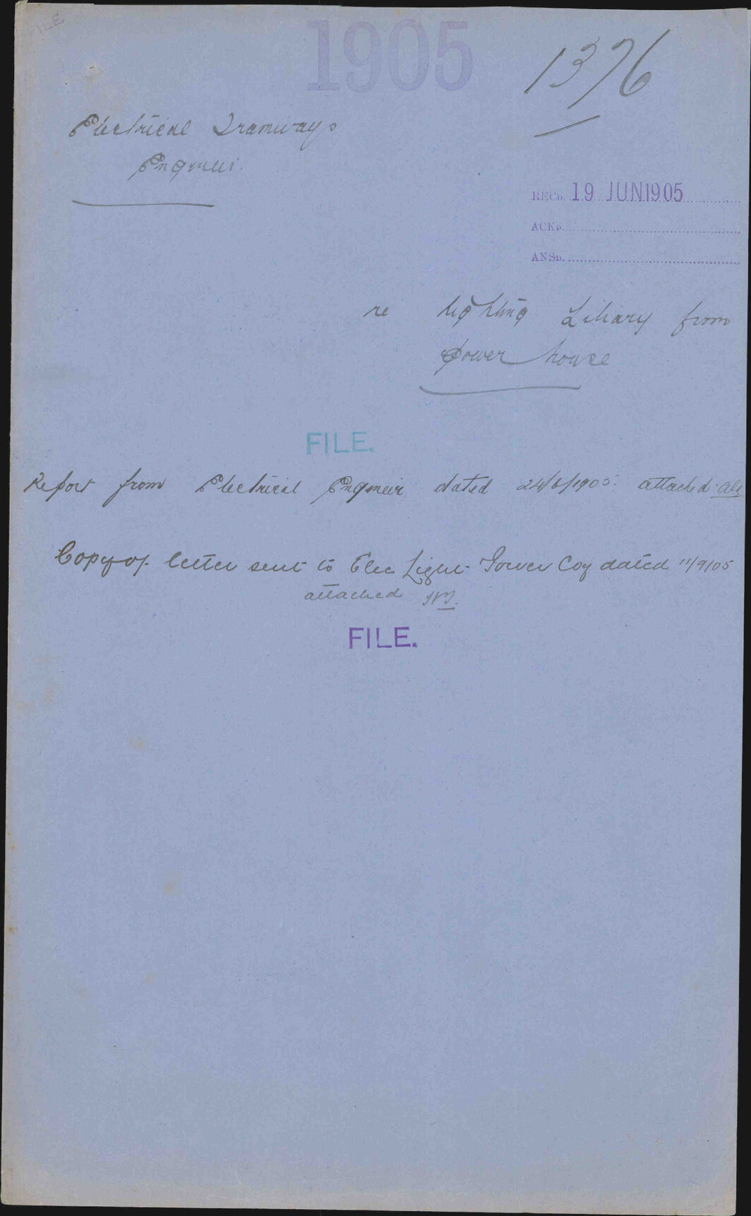 Re lighting library from power house - Electrical Tramways Engineer