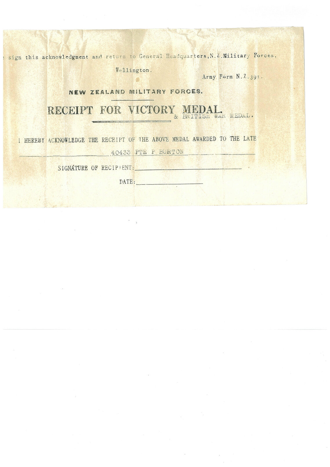 Receipt for medals Private Percy Burton 40433