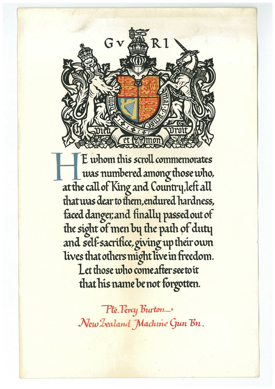 Memorial scroll and receipt Private Percy Burton 40433