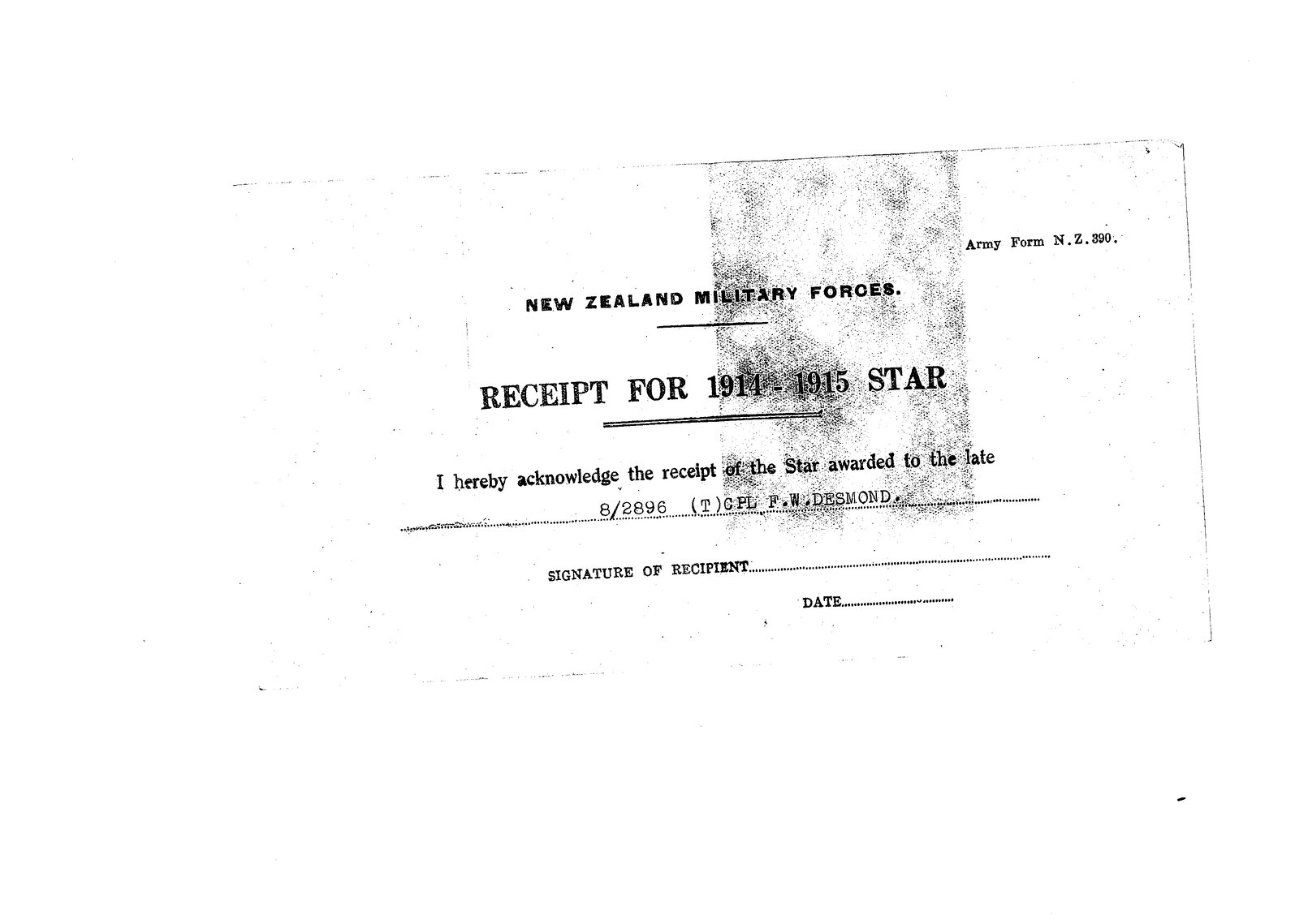 Receipt for 1914-1915 Star Temporary Corporal Francis William Desmond 8/2896