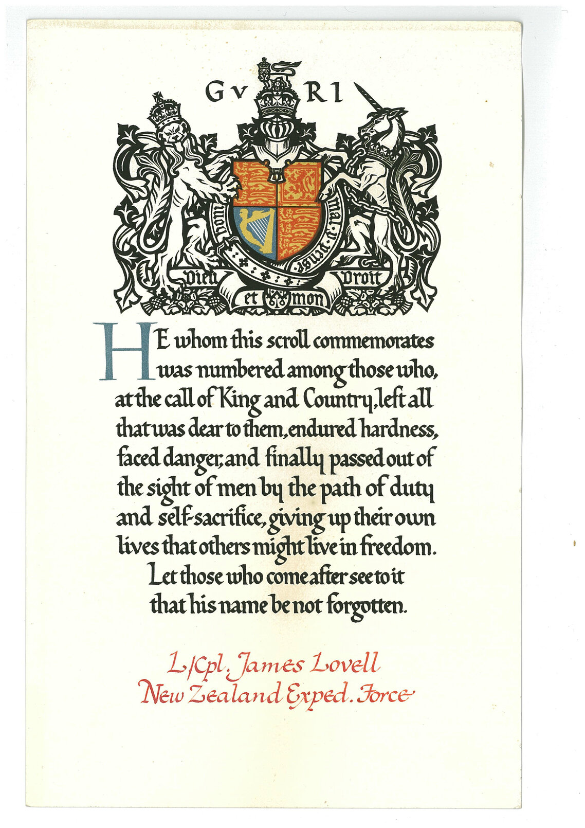 Memorial scroll Lance Corporal James Lovell 5/194