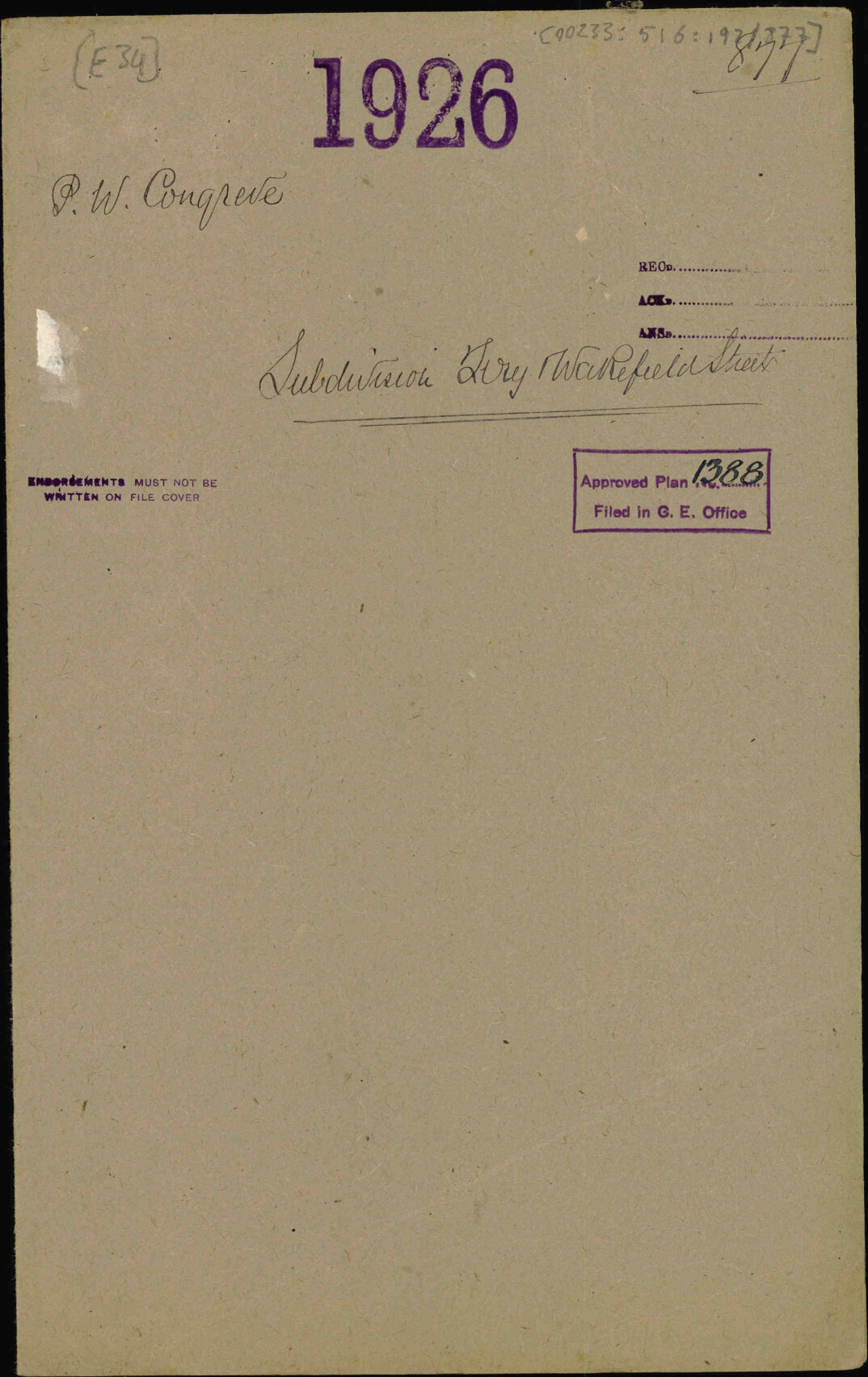 Subdivision Tory and Wakefield Streets [1-3, 5-7 Tory Street] - P W Congreve