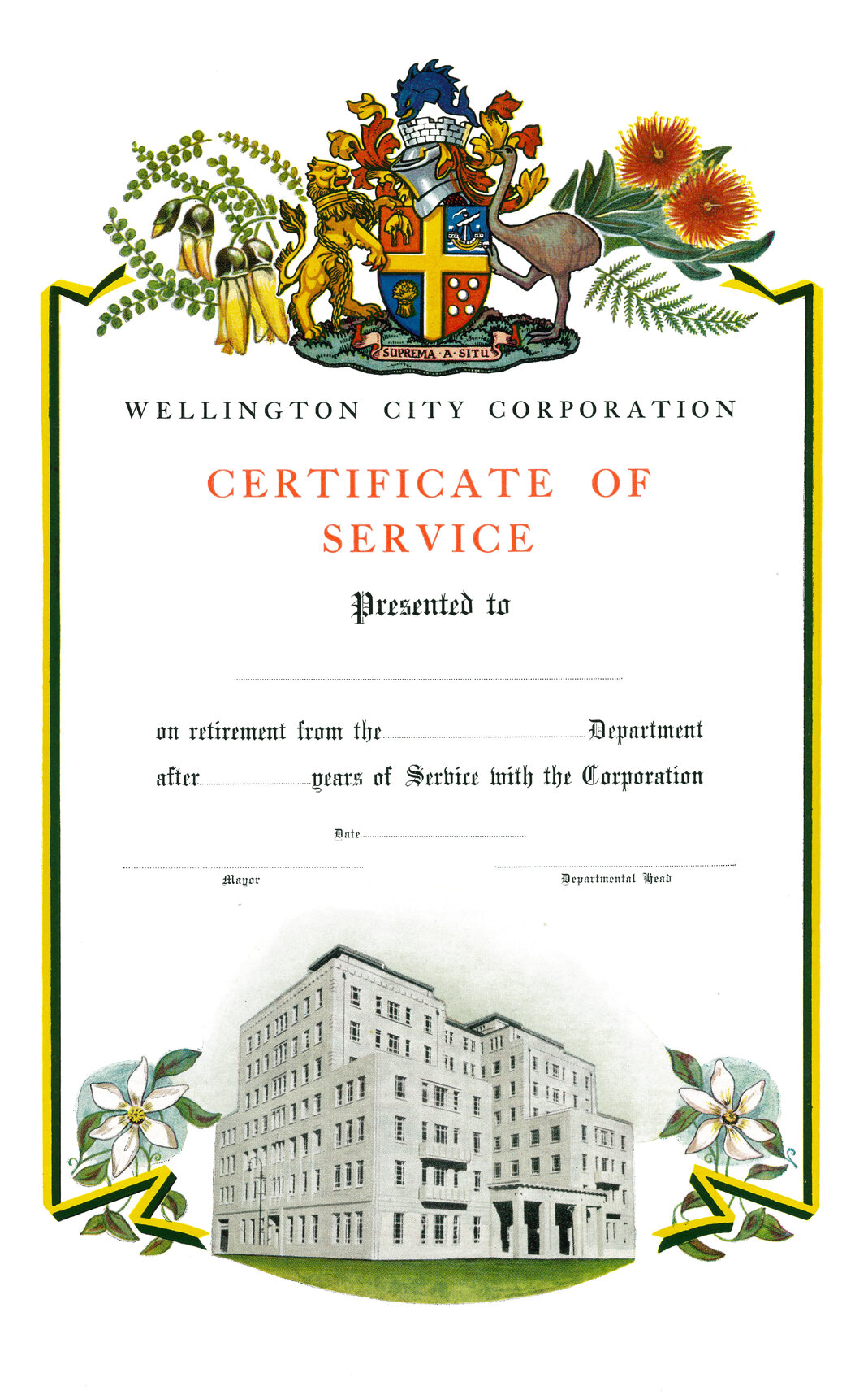 Wellington City Corporation, Certificate of Service
