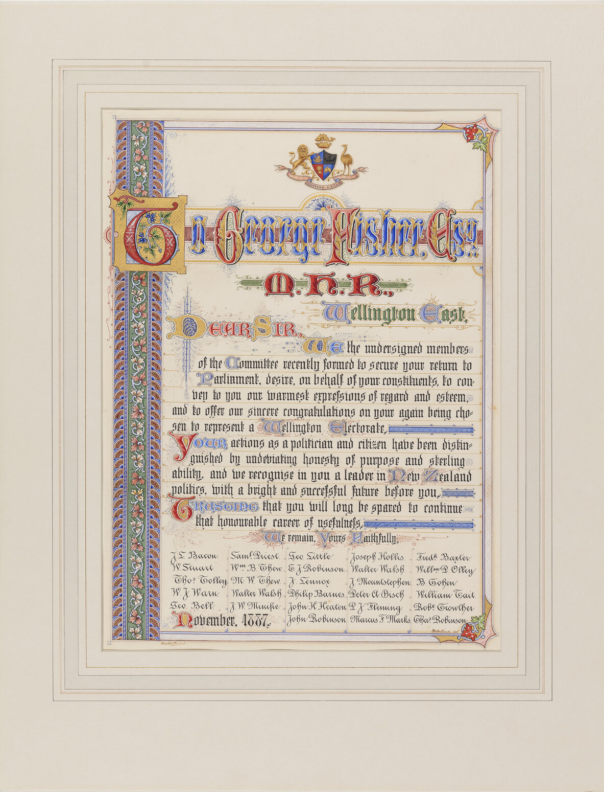 Illuminated Address to George Fisher, selection for Wellington Electorate (by Bock &amp; Cousins)