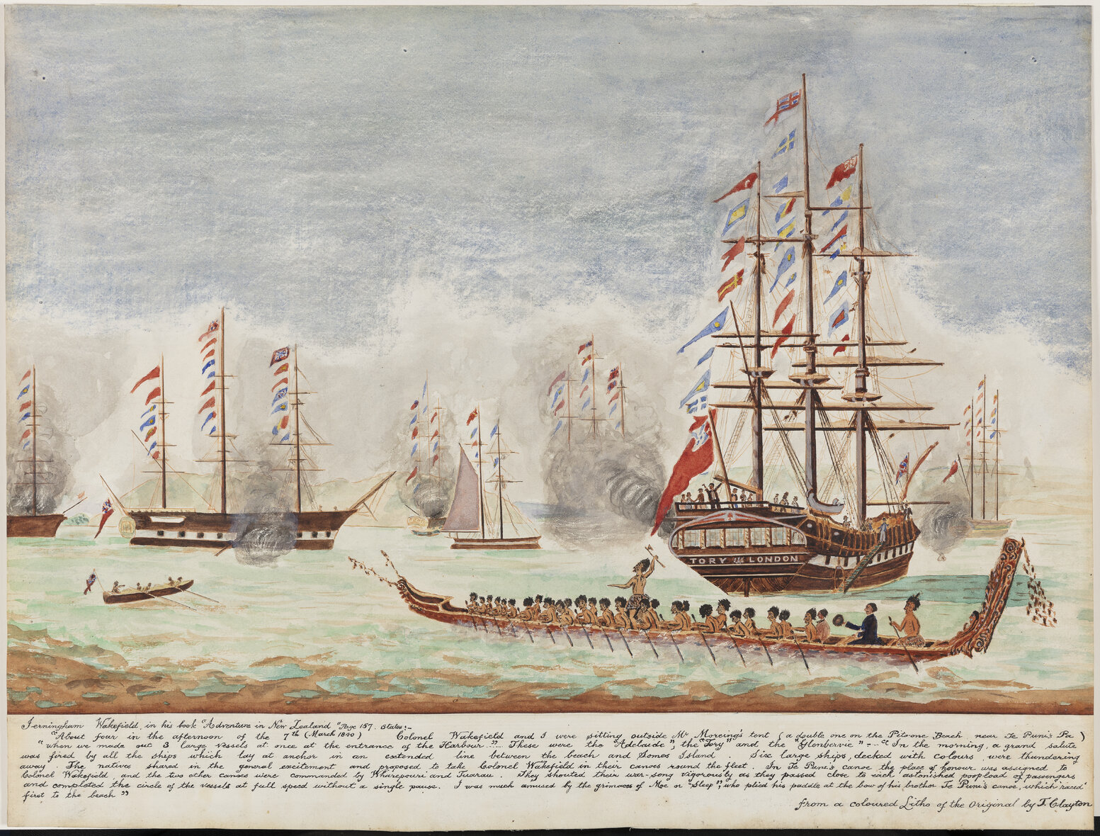 Watercolour copy of lithograph by M T Clayton titled: Settlement of Wellington by the New Zealand Company