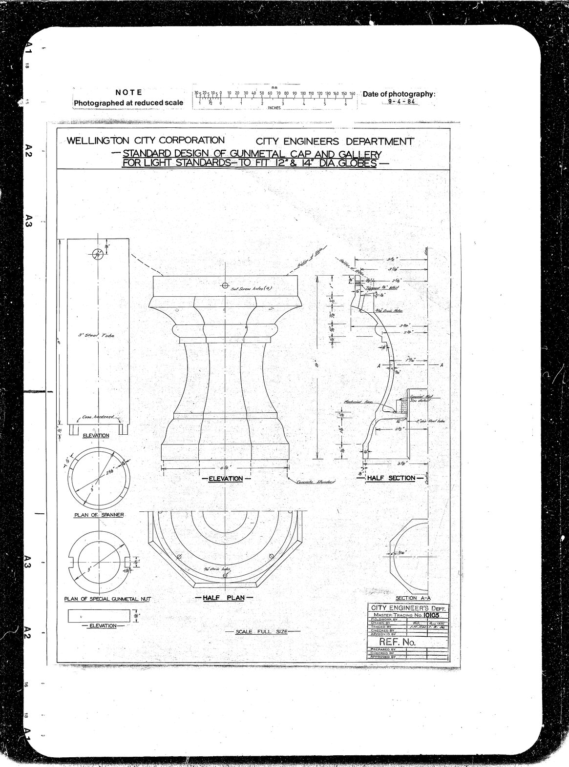 Standard design of gun metal cap and gallery for light standards to fit 12-inch and 14-inch diameter globes, Island Bay seawall
