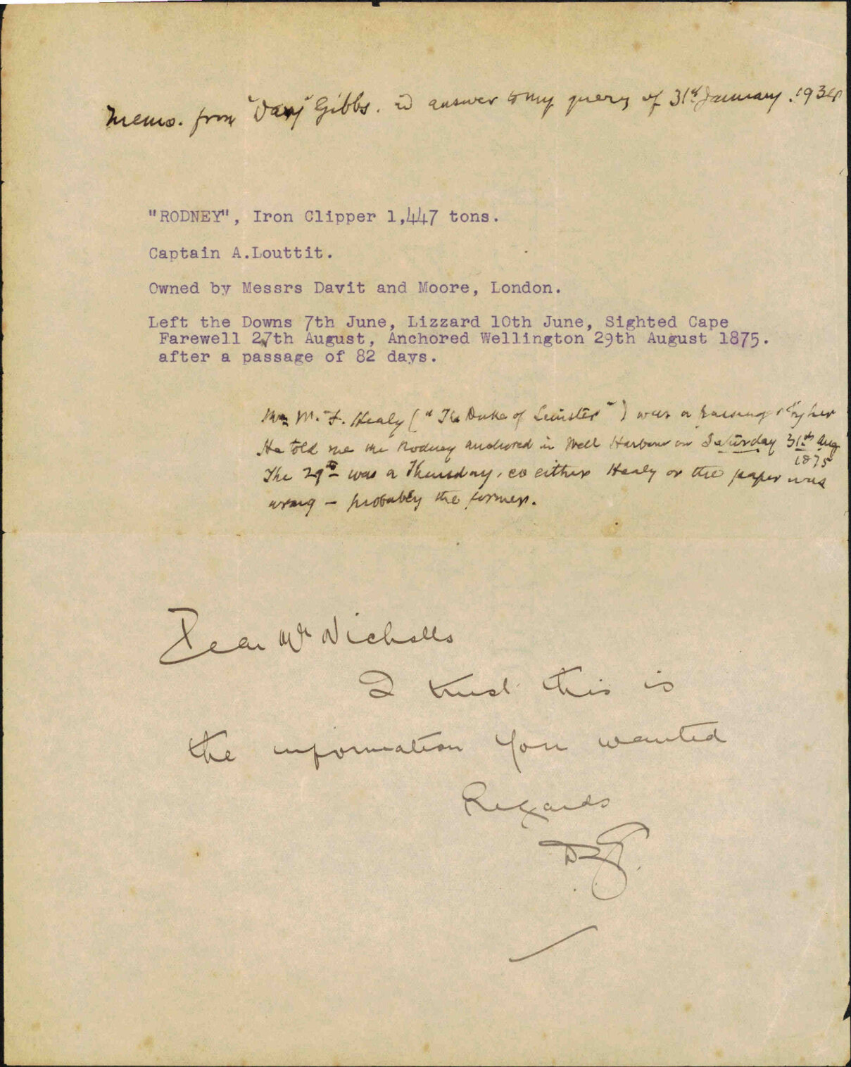 Memo, response to query about "Rodney" iron clipper, 31 January 1934