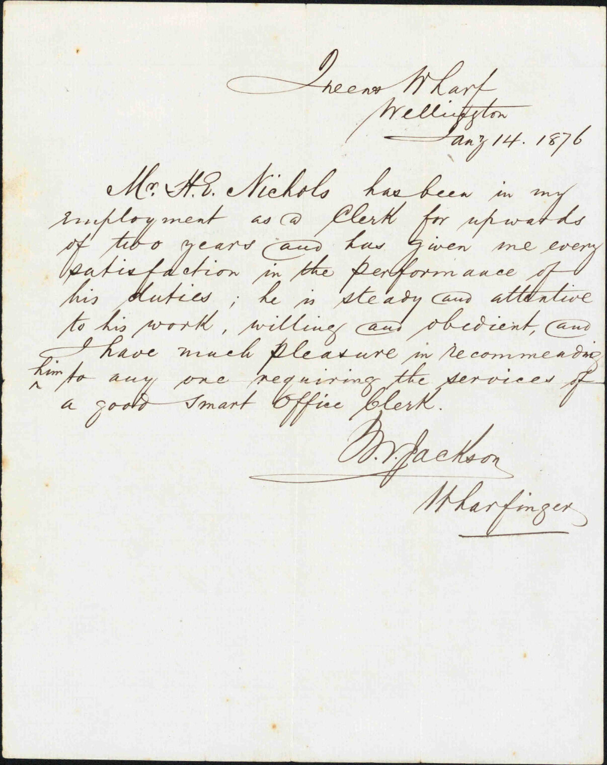 Letter from W V Jackson, Wharfinger at Queens Wharf, recommending H E Nicholls for the position of Office Clerk, 14 January 1876
