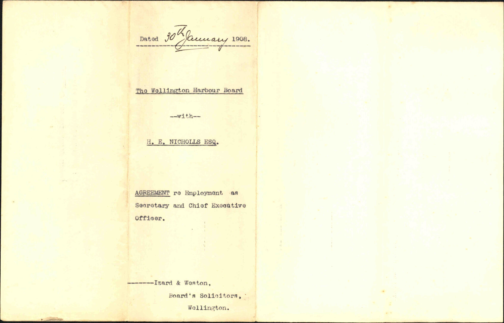 Memorandum of Agreement between Wellington Harbour Board and Harry Edgar Nicholls, 13 January 1908