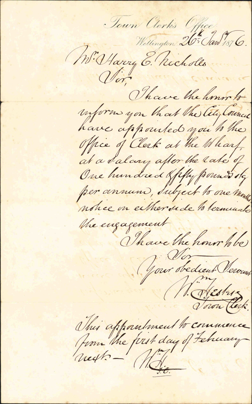 Letter from Town Clerk to Harry E Nicholls, 26 January 1876