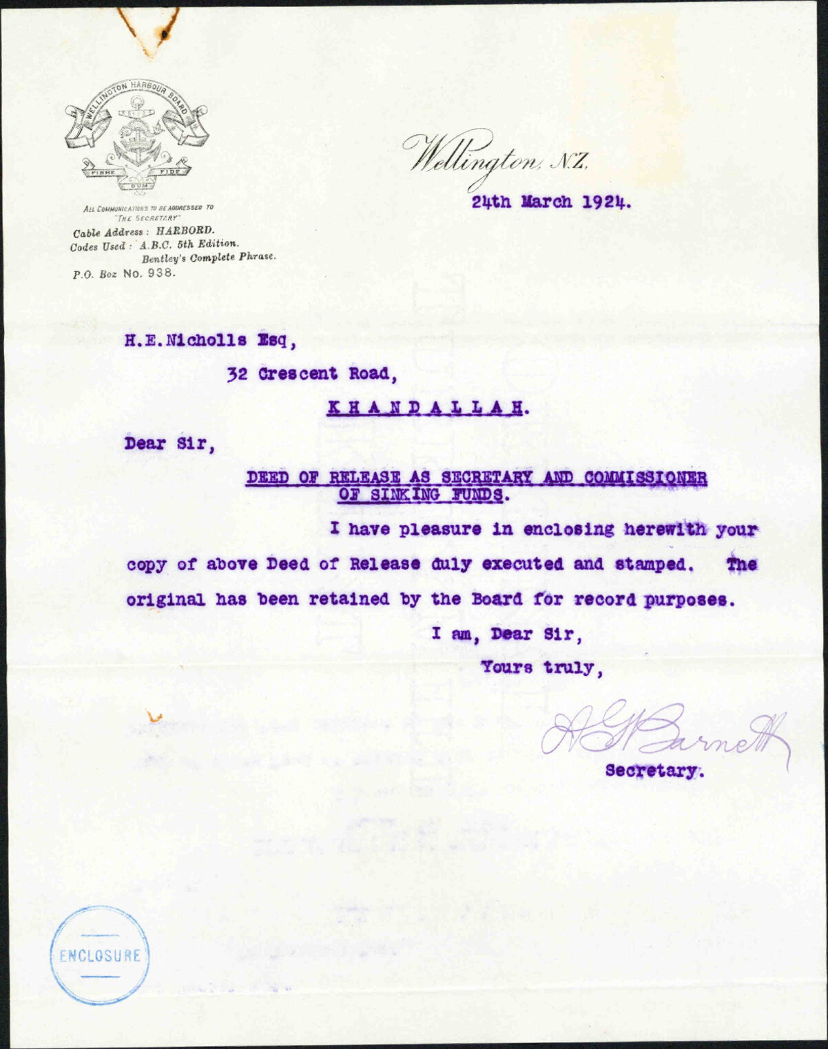 Deed of Release as Secretary and Commissioner of Sinking Funds for Harry Edgar Nicholls