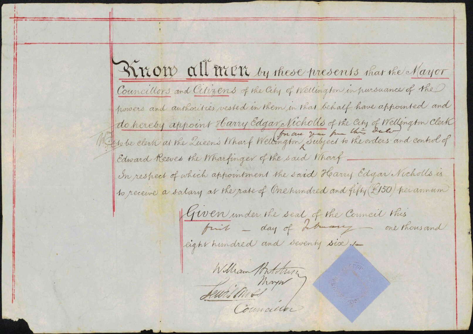 Appointment of H E Nicholls as Clerk at the Queen's Wharf, Wellington, 1 February 1876