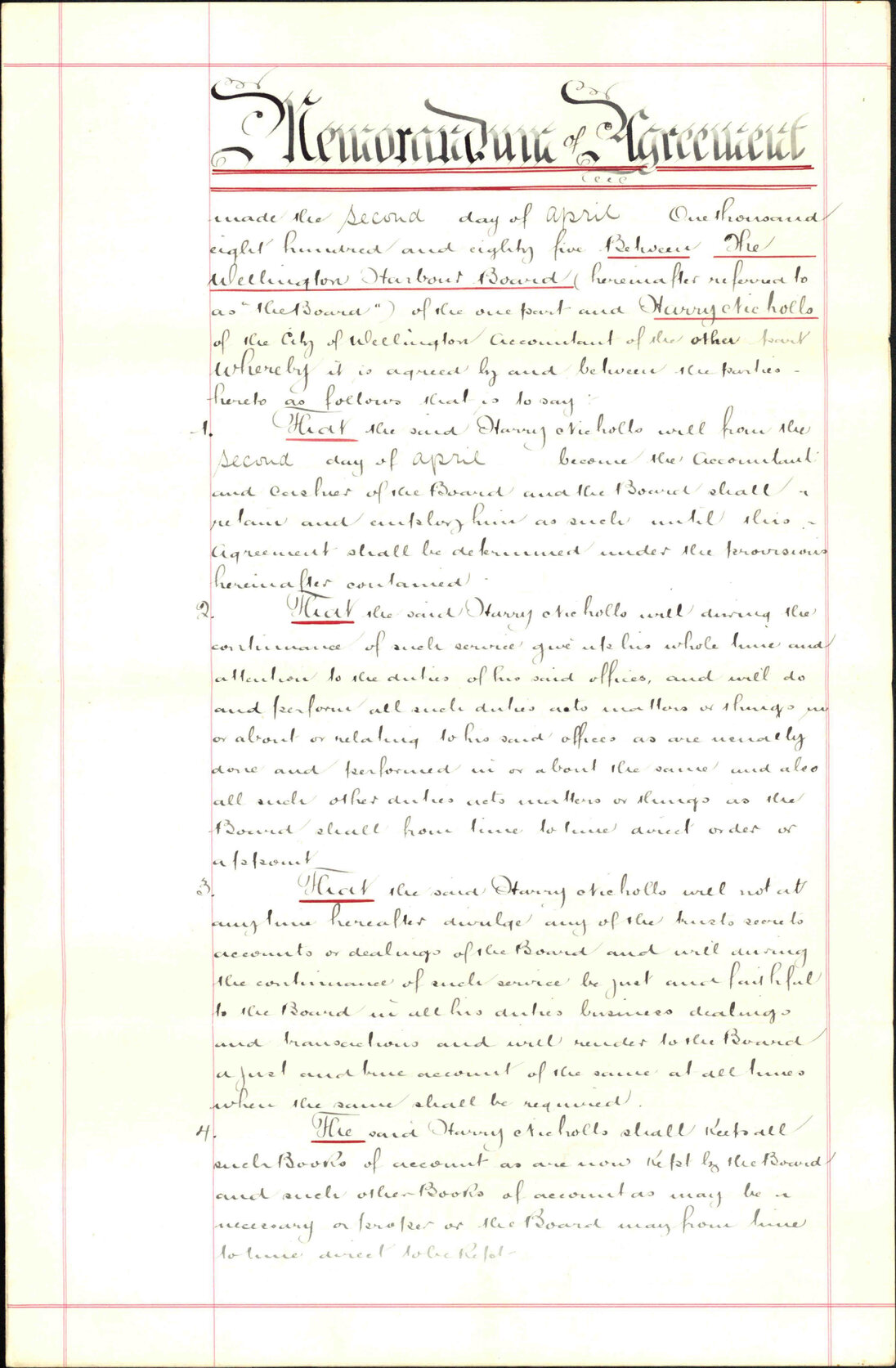 Memorandum of Agreement between Wellington Harbour Board and Harry Nicholls, 2 April 1885