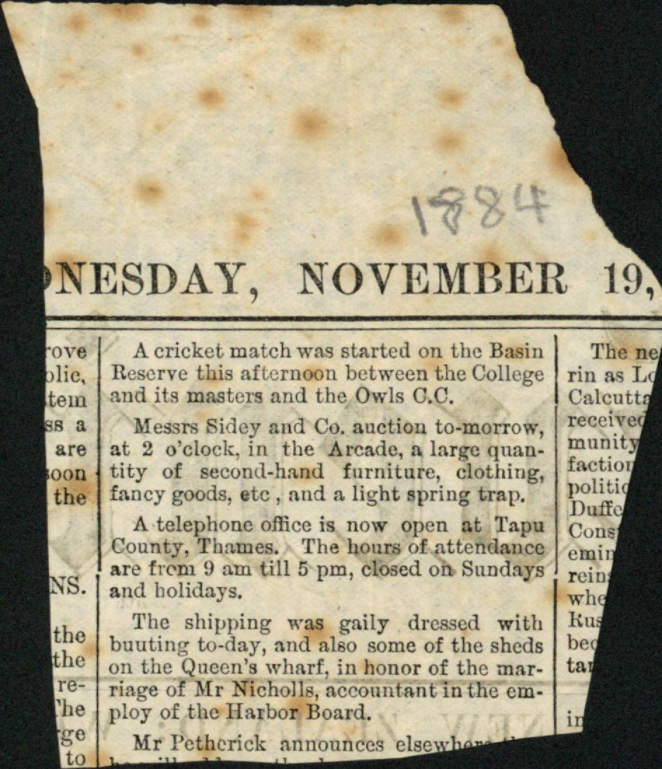 Newspaper clipping, paragraph related to the marriage of Mr Nicholls, 19 November 1884