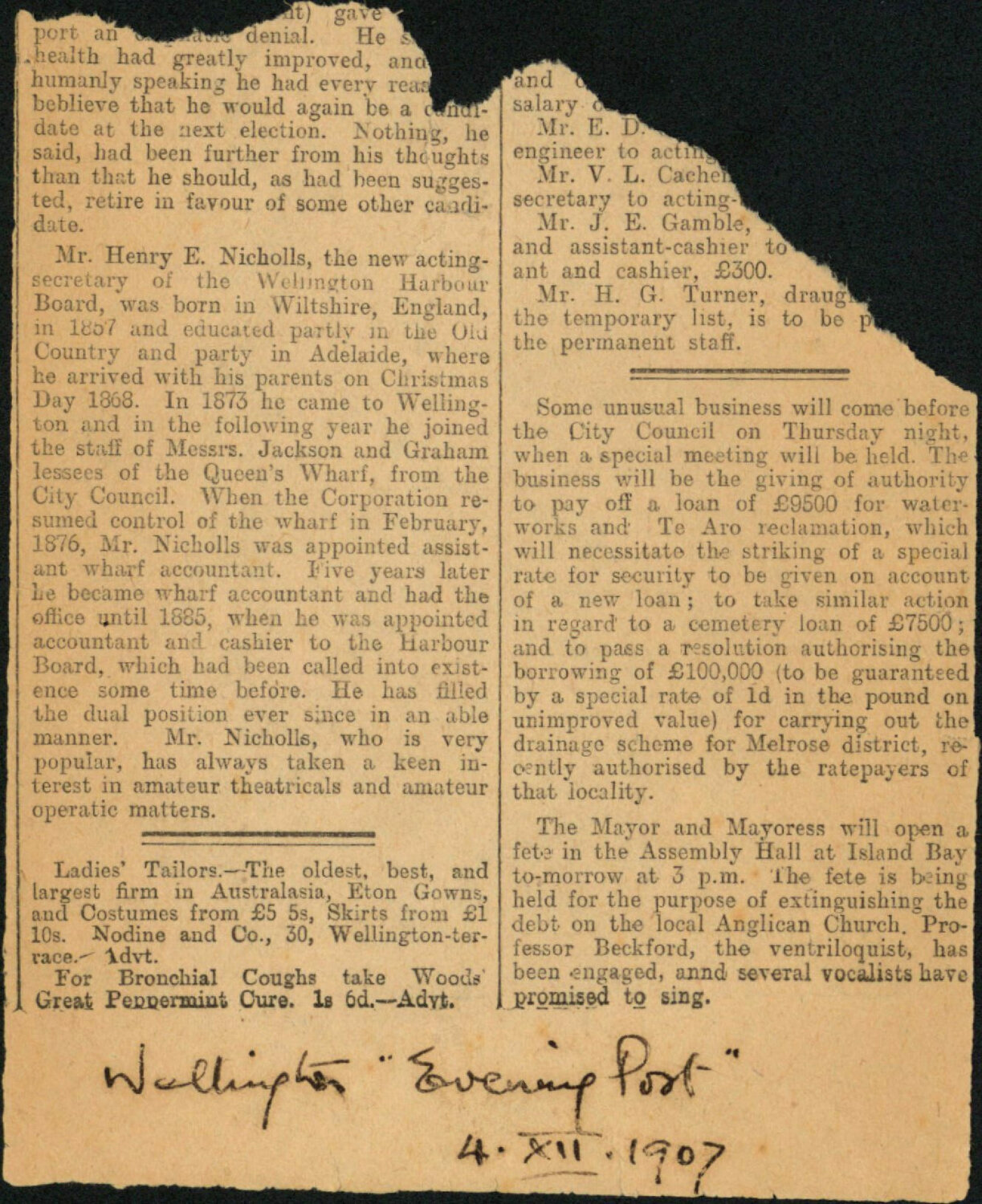 Newspaper clipping regarding the appointment of Henry [Harry] E Nicholls as the new acting secretary of Wellington Harbour Board, 4 December 1907
