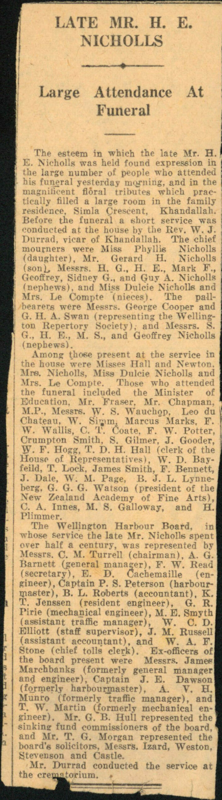 Newspaper clipping regarding the funeral of Late Harry Edgar Nicholls