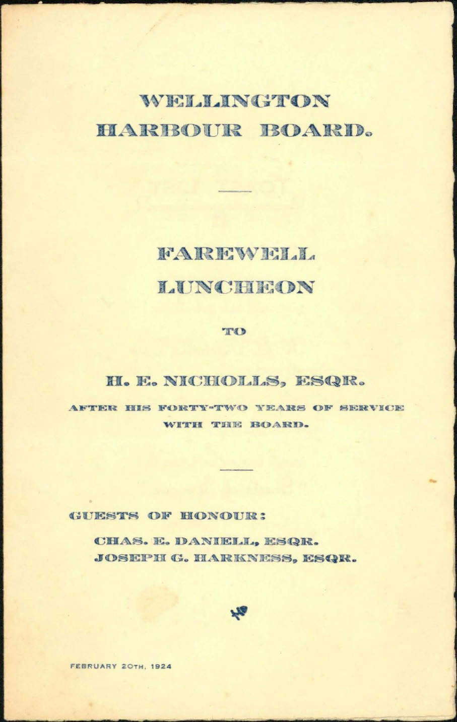 Menu for Wellington Harbour Board Farewell Luncheon for Harry Edgar Nicholls