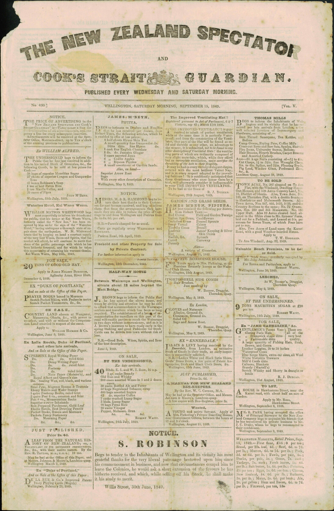 The New Zealand Spectator and Cook's Straight Guardian, 15 September 1849