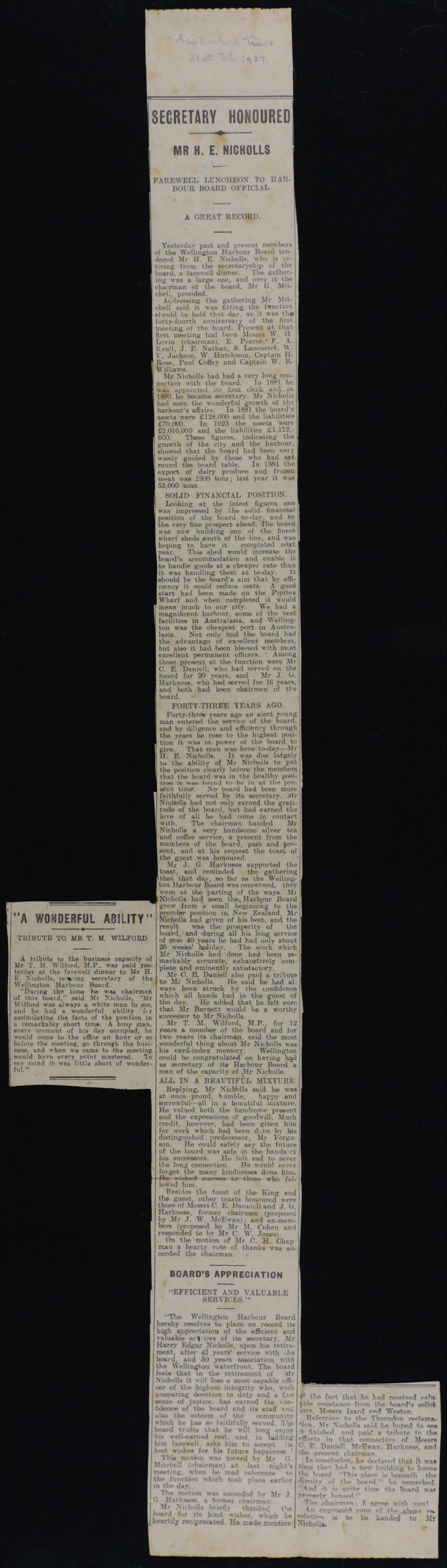 Newspaper clippings relating to the retirement of Harry Edgar Nicholls, 21 February 1924