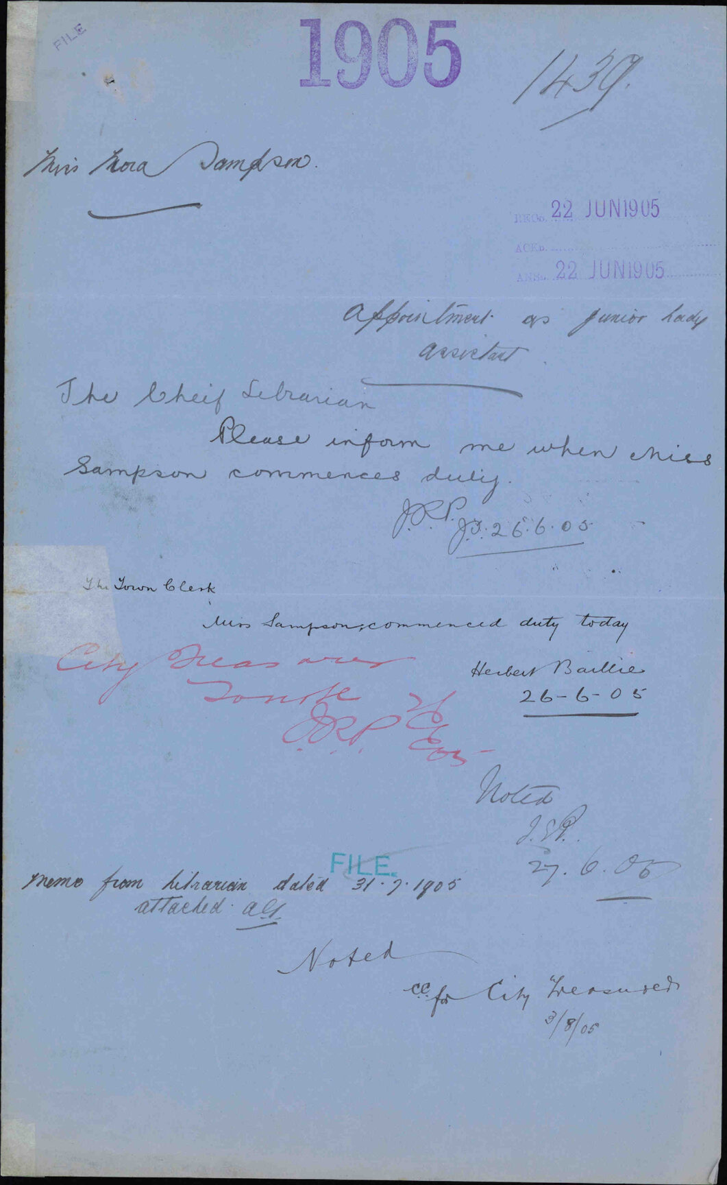 Appointment as Junior Lady Assistant - Miss Nora Sampson