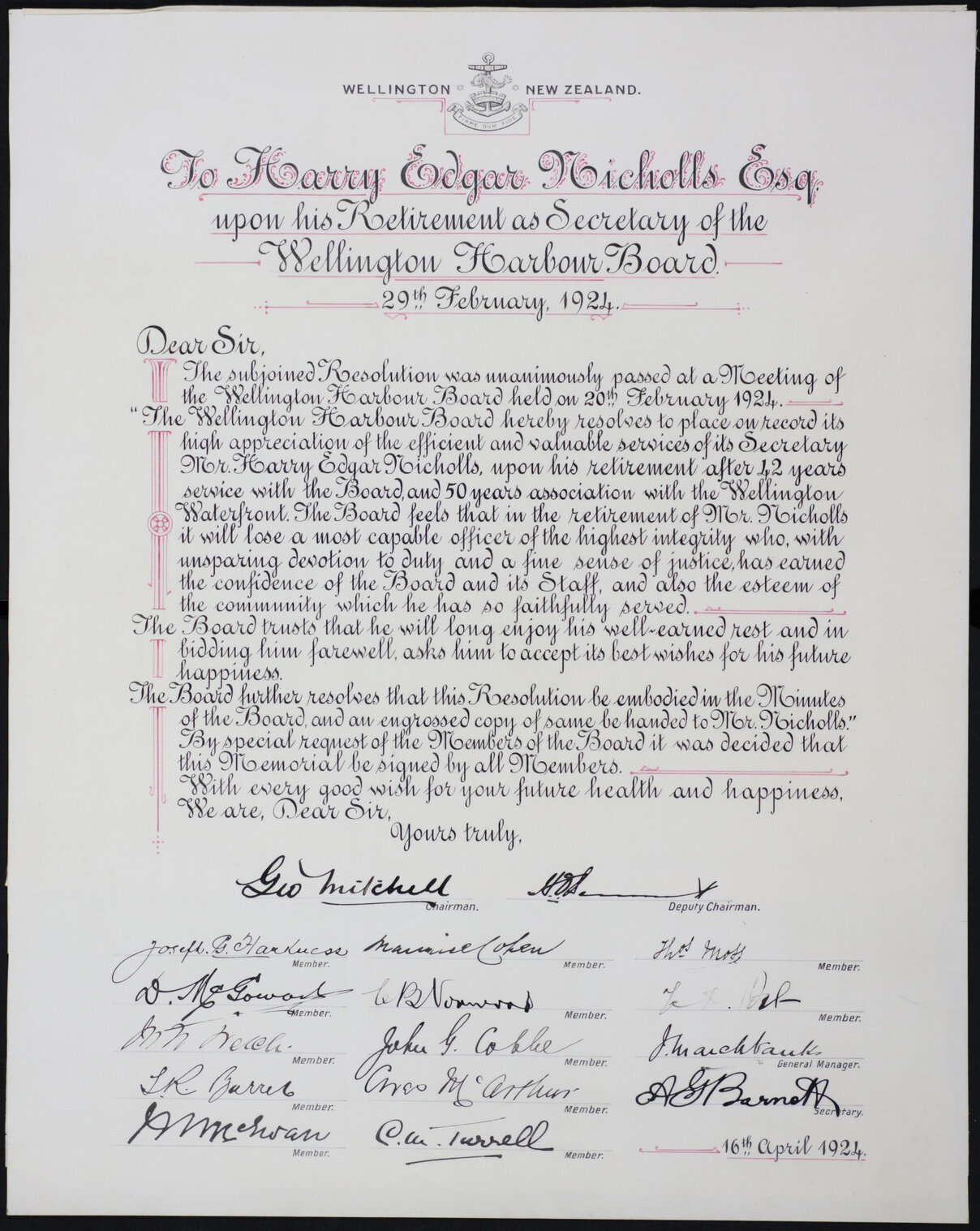 Memorial document addressed to Harry Edgar Nicolls