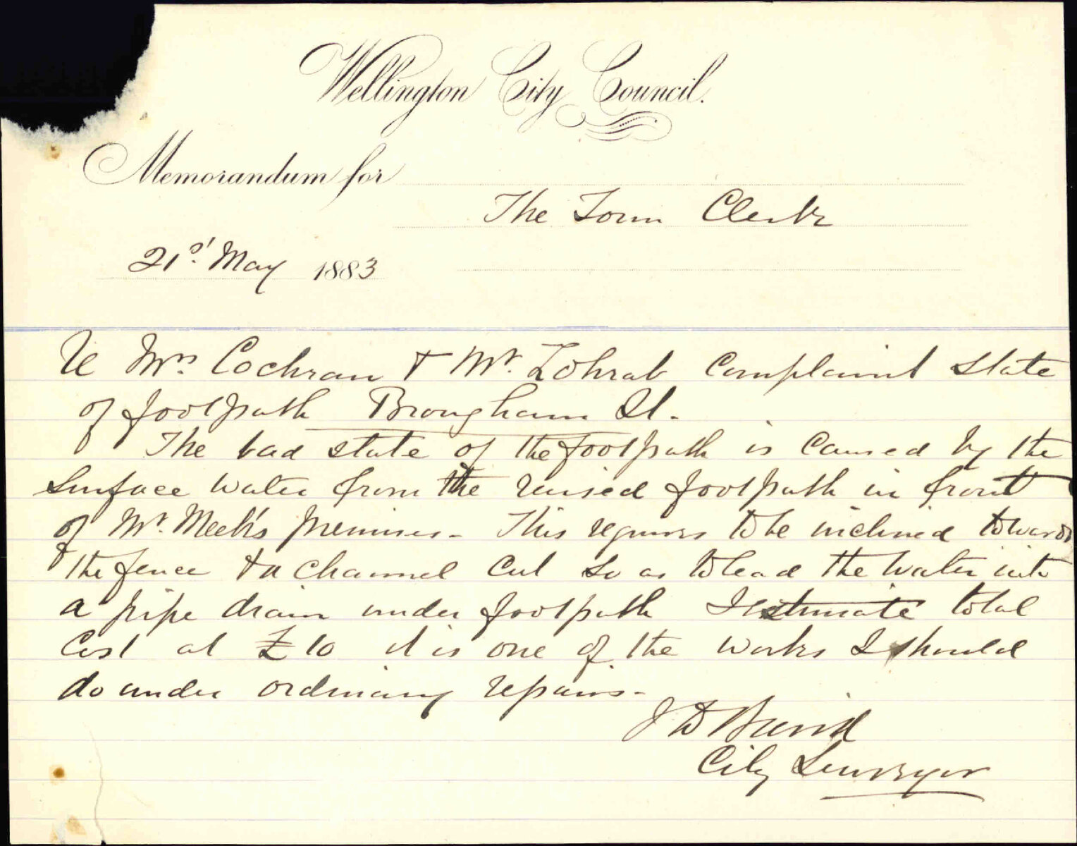 Complaint as to state of footpath in Brougham Street - B Cochrane