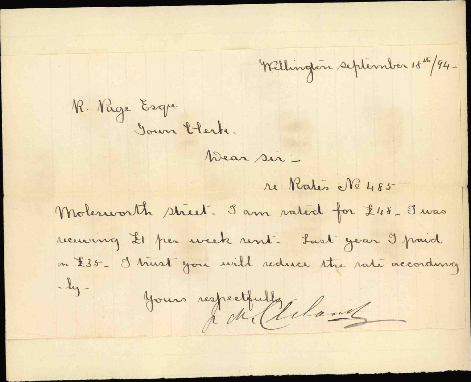 His property at Molesworth Street - J M Cleland