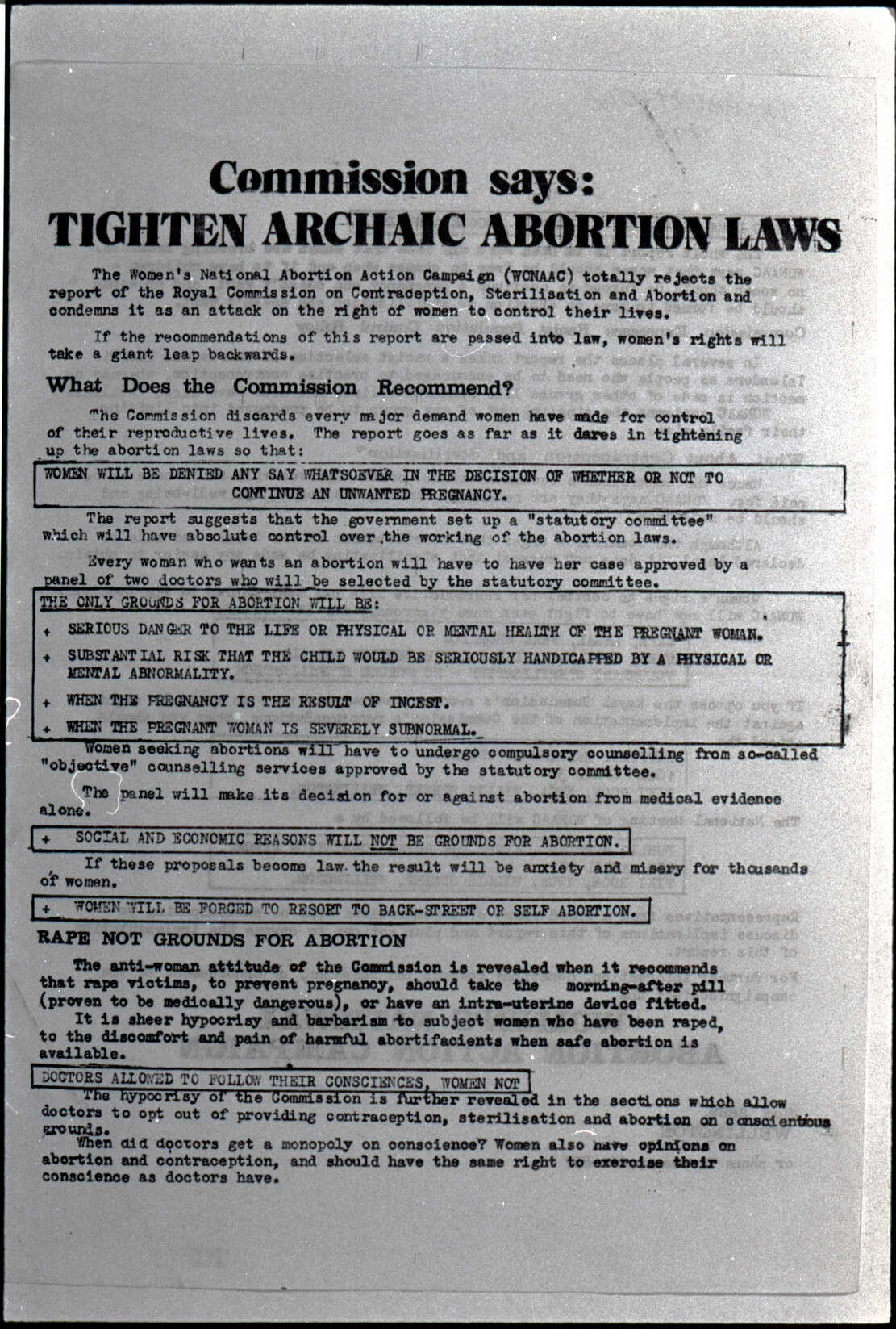 Copy: Abortion, Apartheid, Unions, Nuclear (posters, handouts, protests)