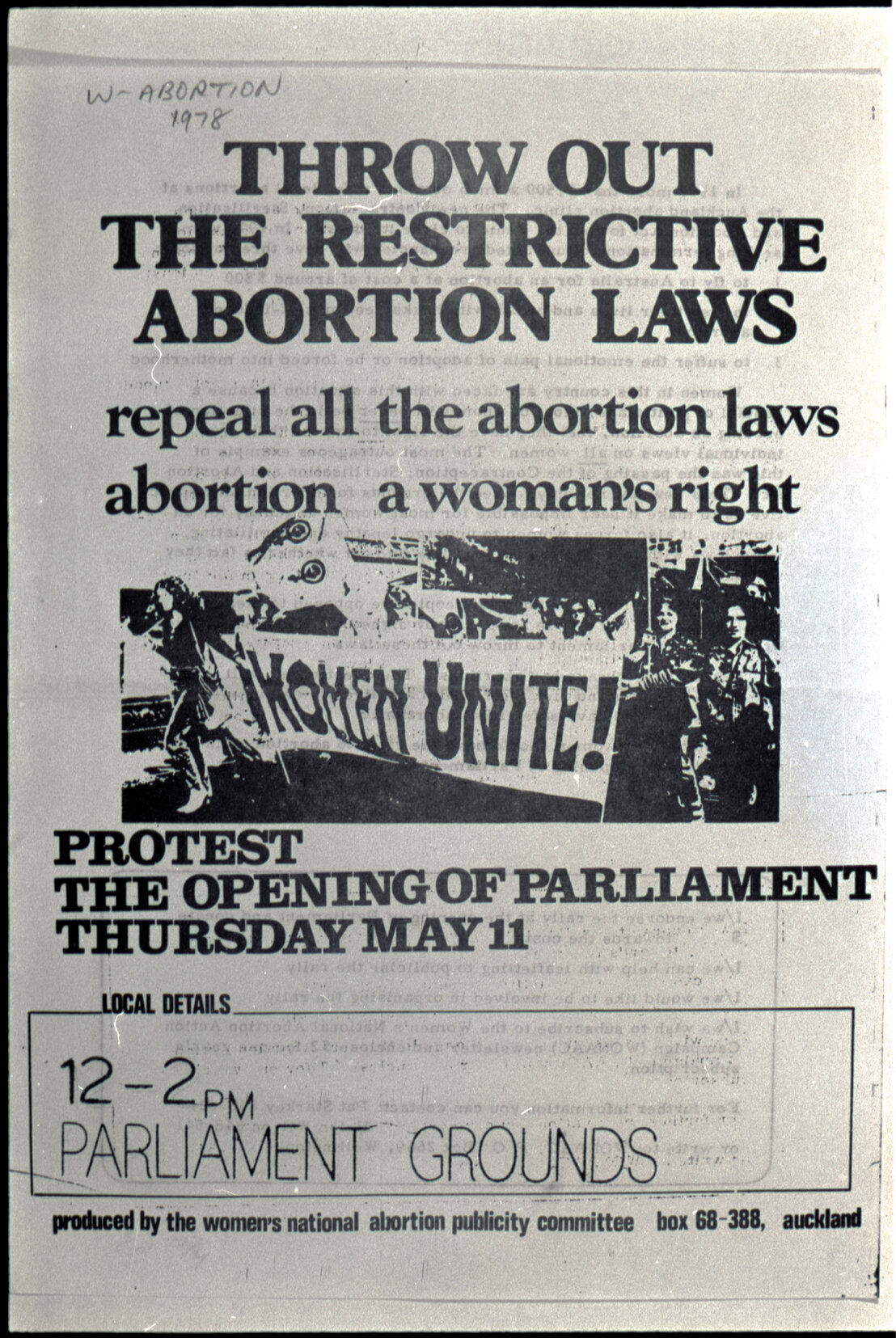 Copy: Abortion, Apartheid, Unions, Nuclear (posters, handouts, protests)
