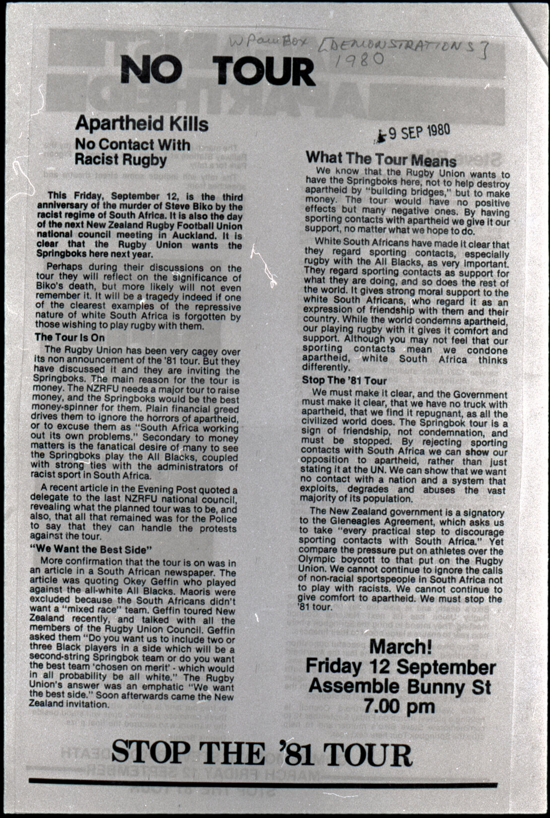 Copy: Abortion, Apartheid, Unions, Nuclear (posters, handouts, protests)