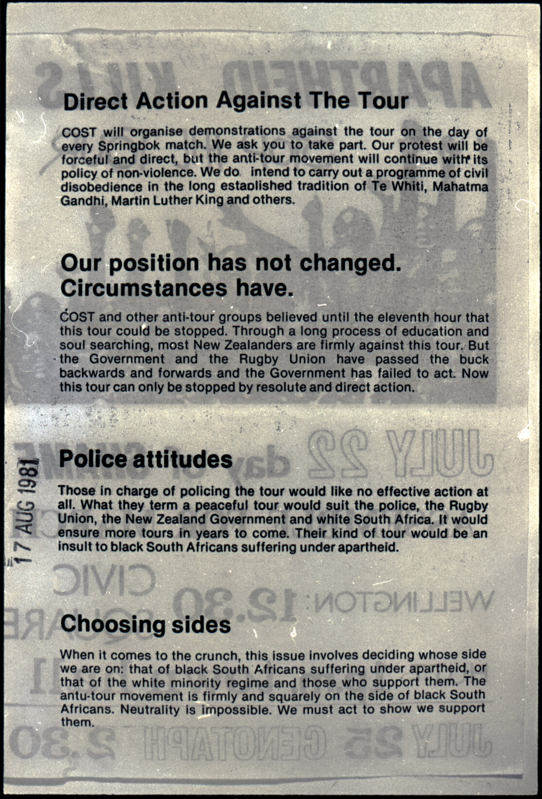 Copy: Abortion, Apartheid, Unions, Nuclear (posters, handouts, protests)