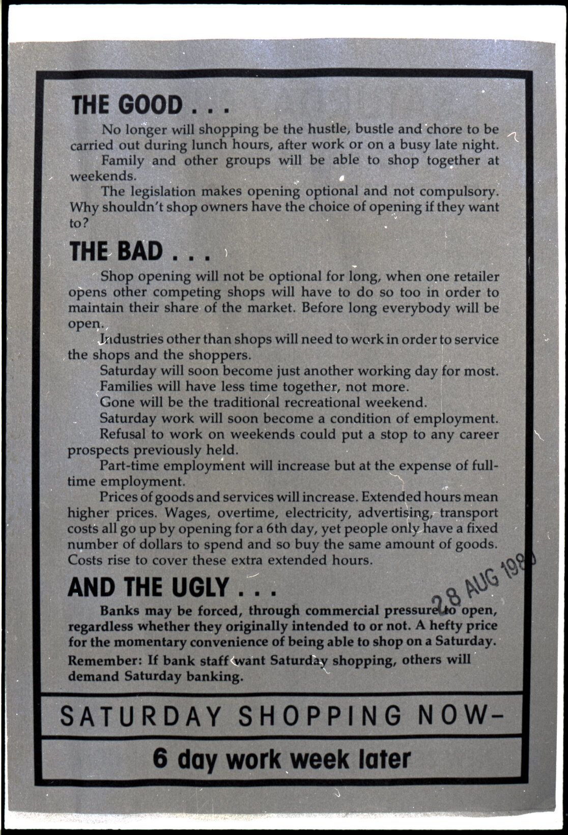 Copy: Abortion, Apartheid, Unions, Nuclear (posters, handouts, protests)