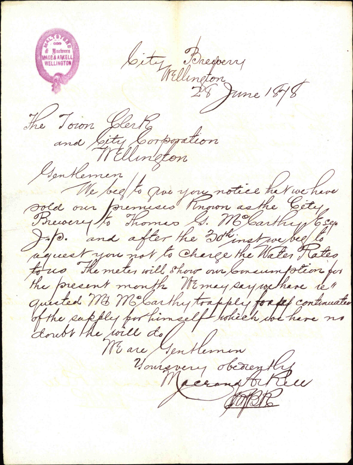 Re notice of sale of city brewery premises to T G McCarthy [Macarthy], change water meter - Mace and Arkell