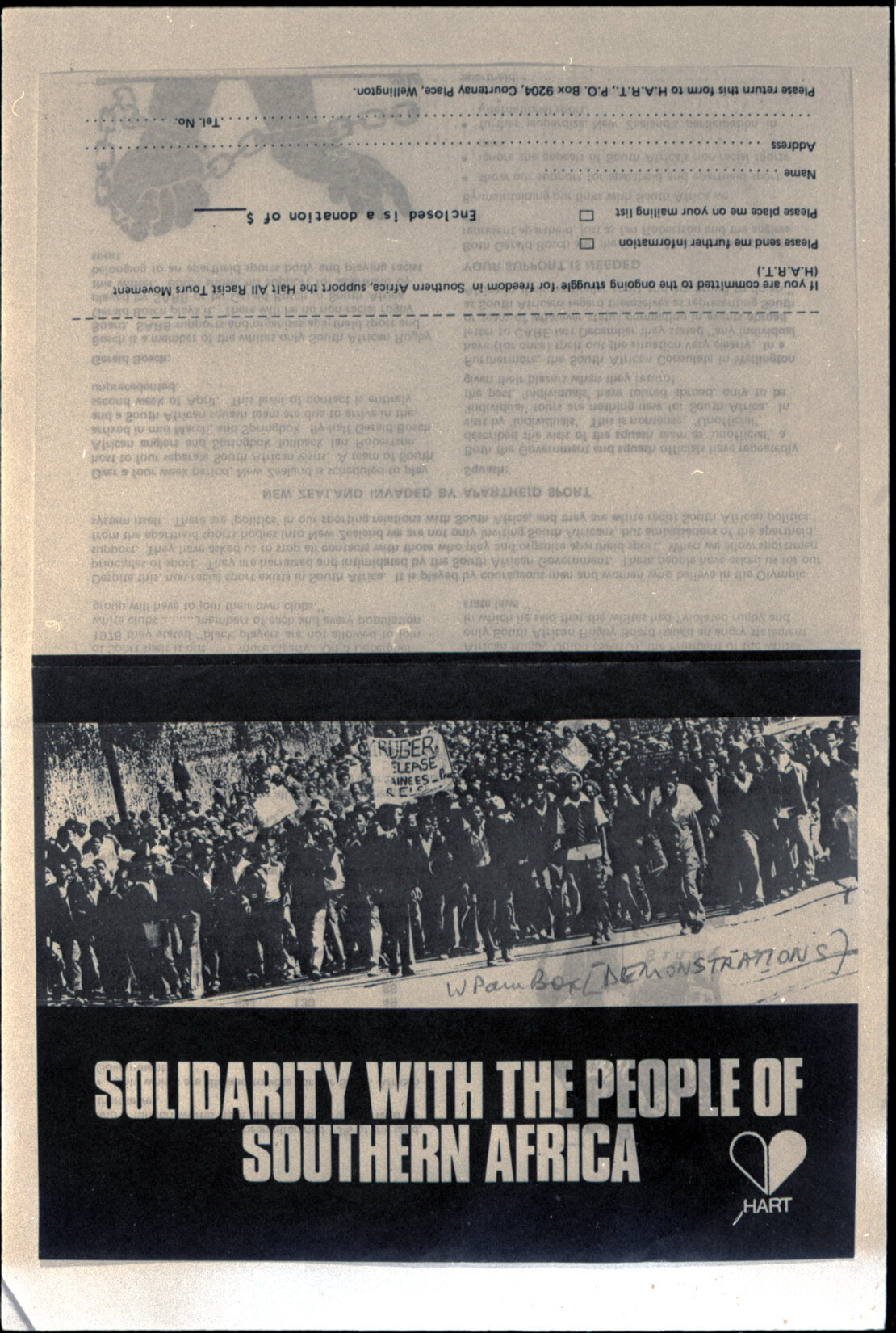 Copy: Abortion, Apartheid, Unions, Nuclear (posters, handouts, protests)