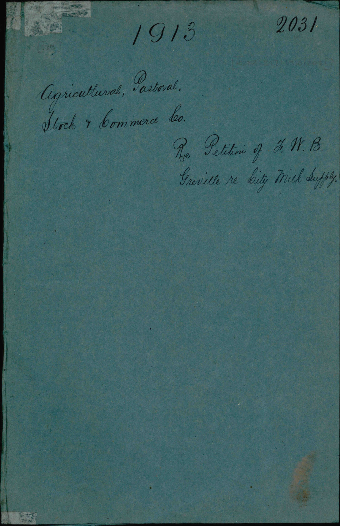 Re petition of F W B Greville re City Milk Supply - Agricultural, Pastoral Stock and Commerce Co