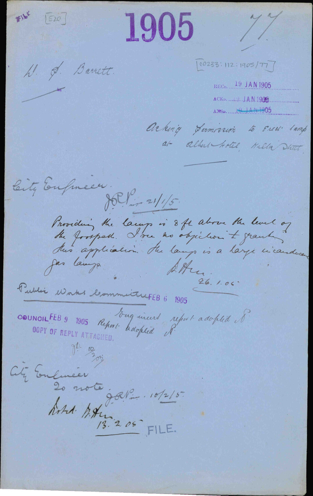 Asking permission to erect lamp at Albert Hotel, Willis Street - D P Barrett
