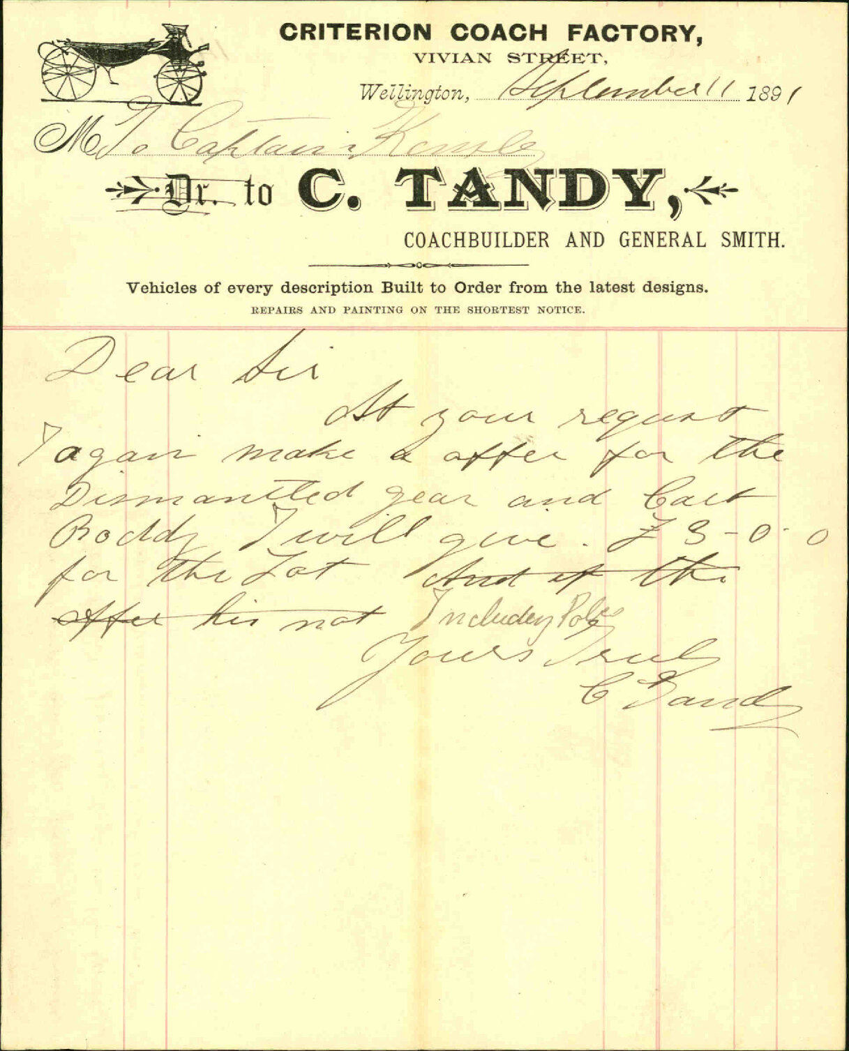Offer to purchase fire brigade cart - C Tandy
