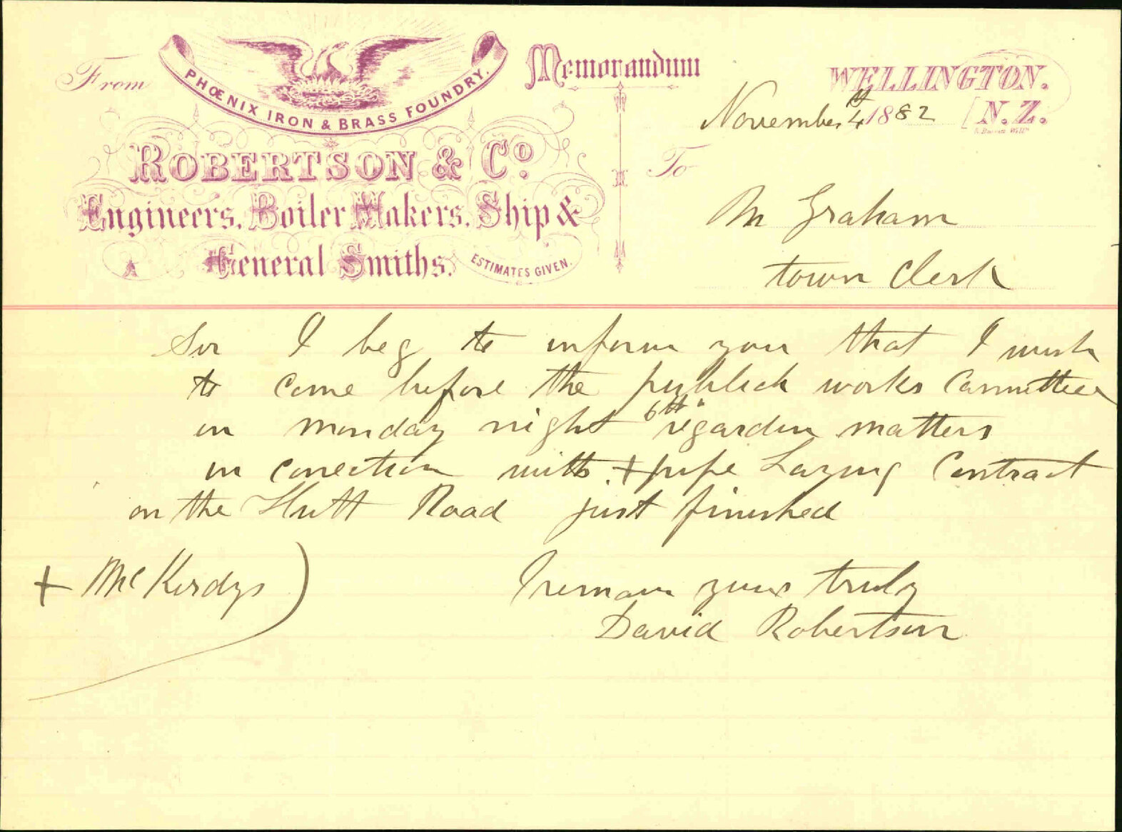 Public Works committee regarding McKindys pipe laying contract - David Robertson [Robertson &amp; Co]