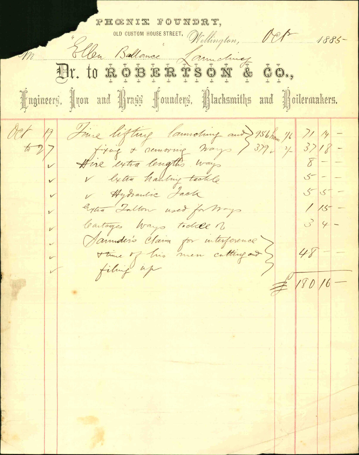 Account for cost of launching steamer (Ellen Balance) - Robertson &amp; Co