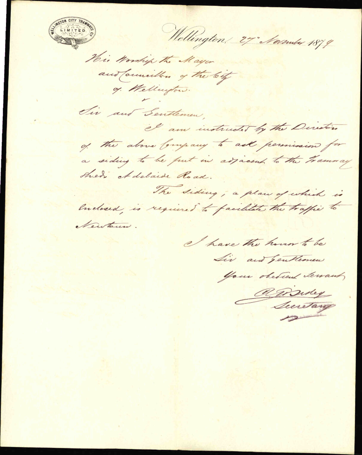 City Tramway Company, permission to put a siding in adjacent to the Tramway shed, Adelaide Road