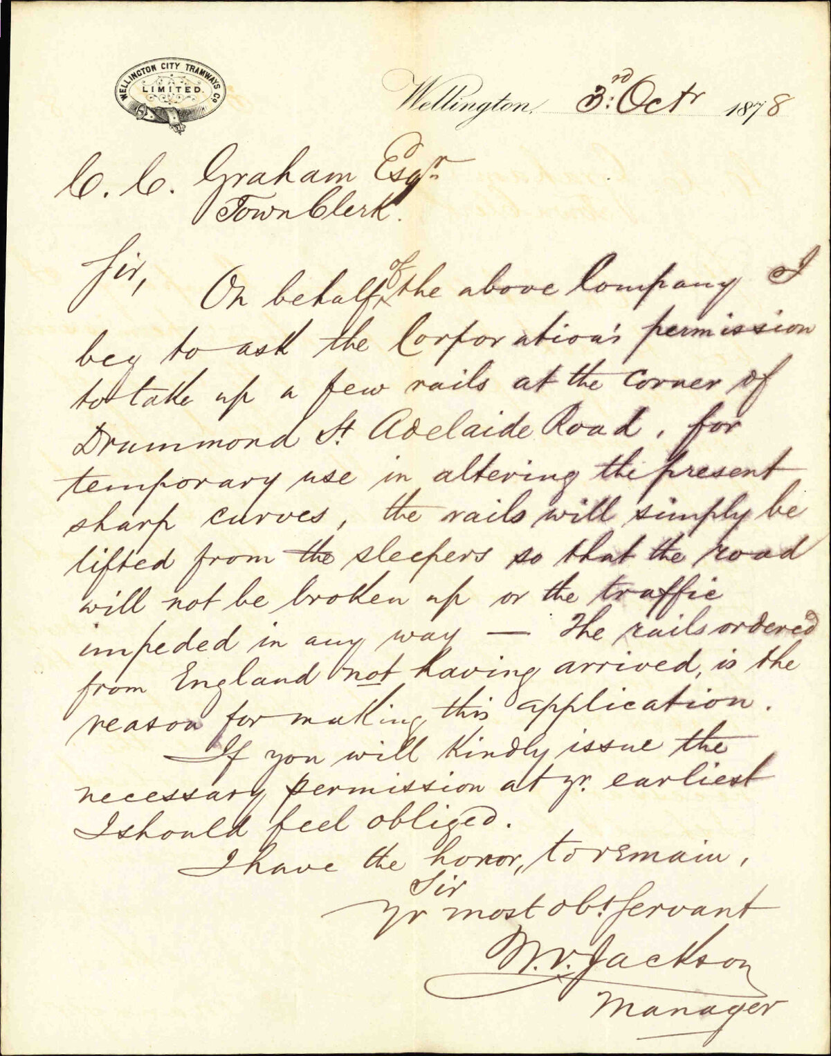 Asking permission to take up rails at corner Drummond Street and Adelaide Road for temporary use - Wellington City Tramways Co Ltd