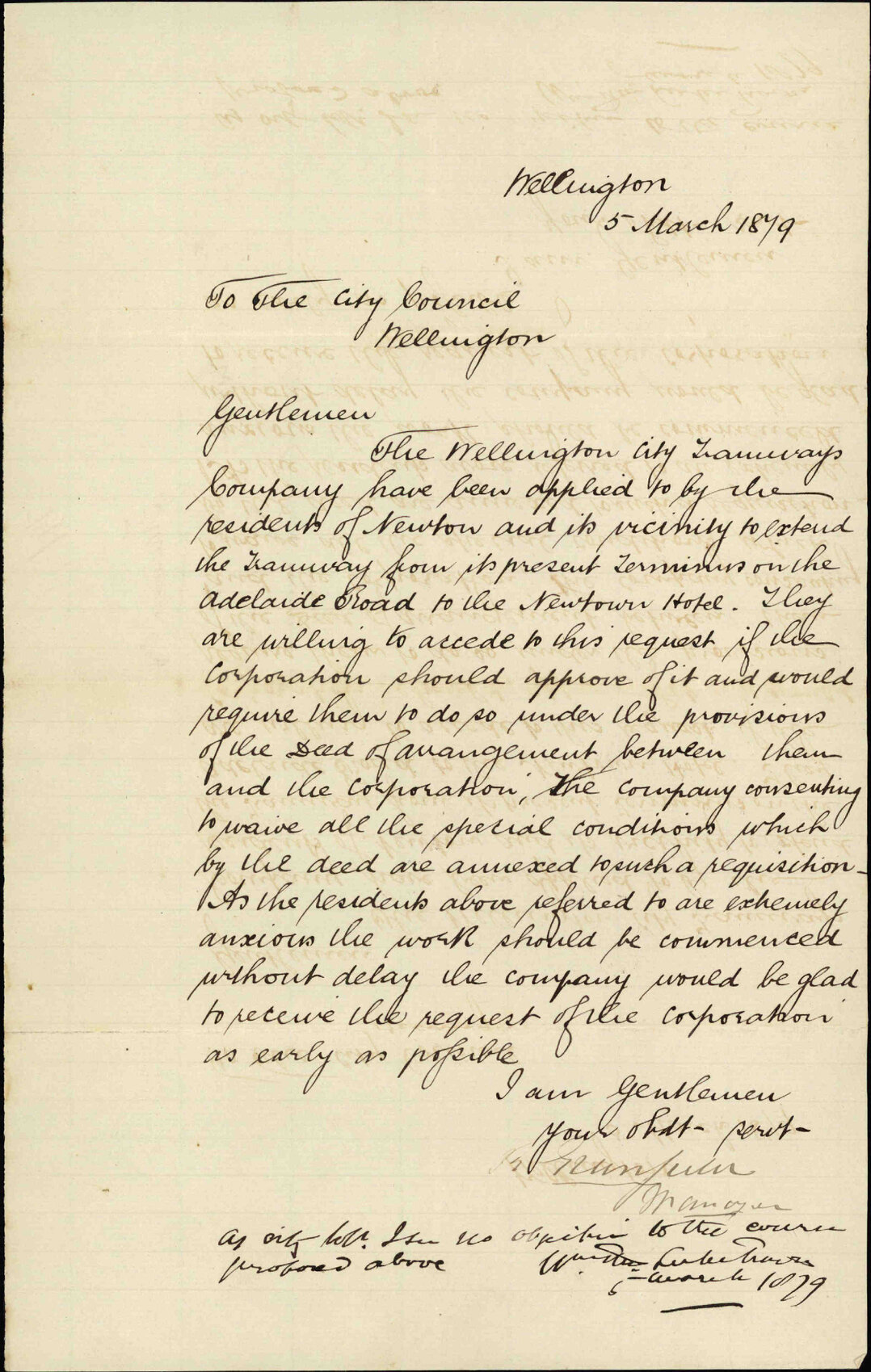 Re informing Council of plans to extend tramline from Adelaide Road to the Newtown Hotel - Wellington Tramways Company Ltd