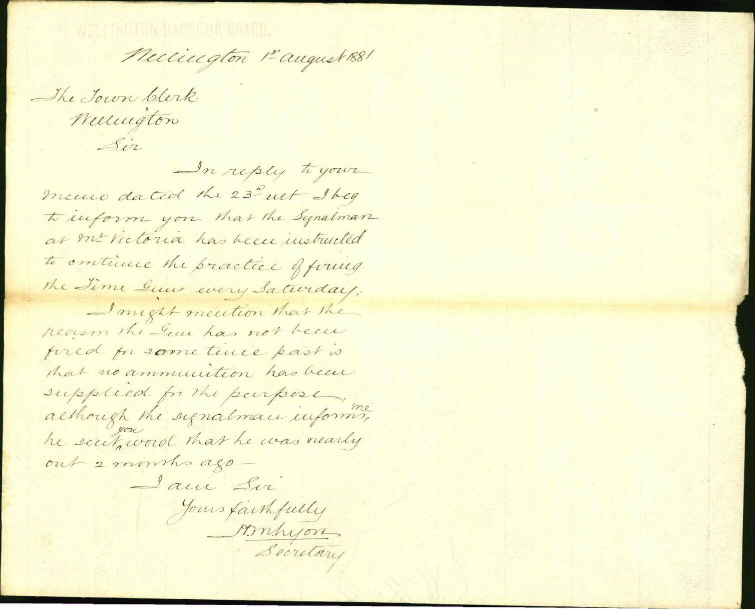 Wellington Harbour Board, regarding signal man and firing time gun