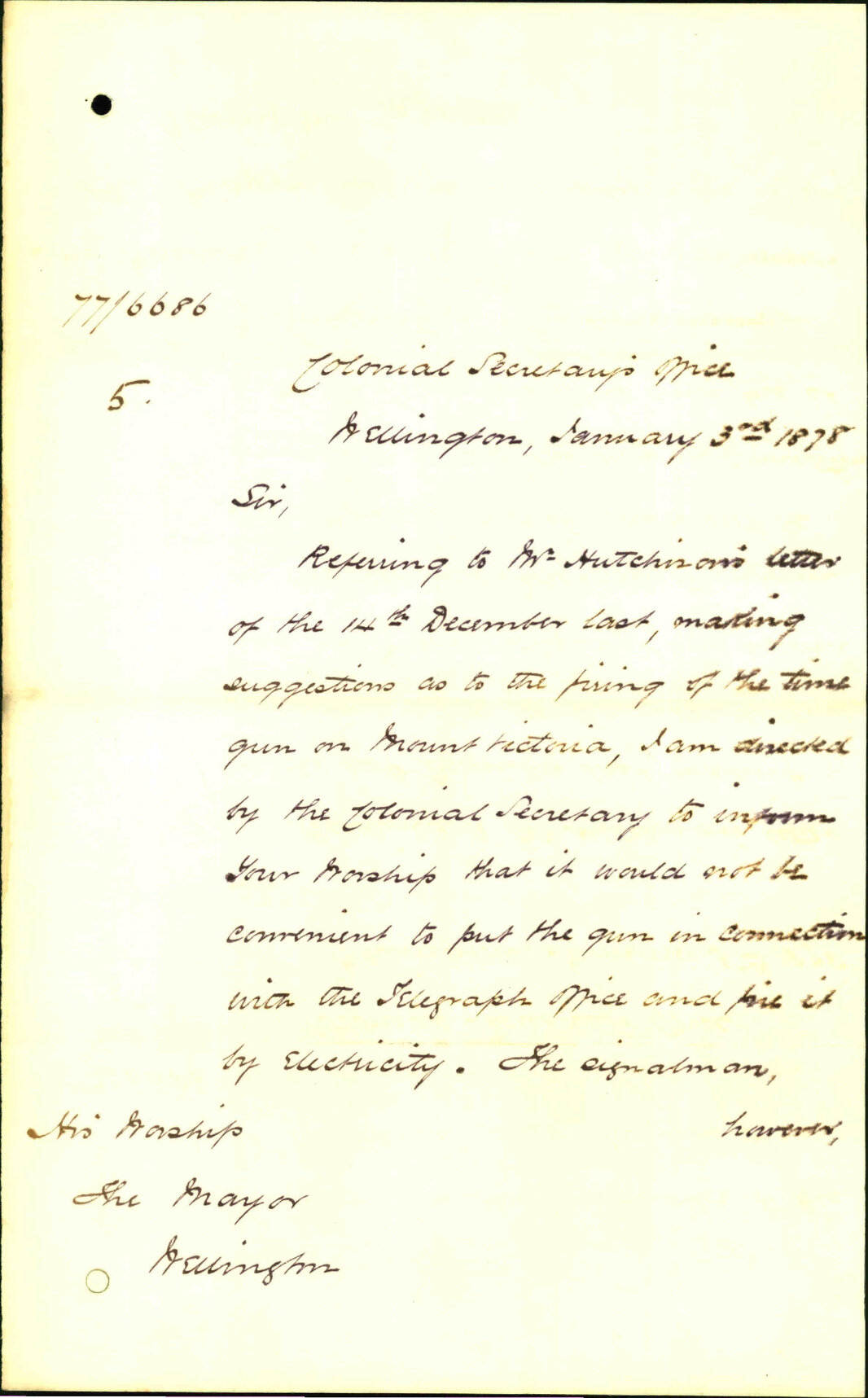 Re firing of time gun on Mount Victoria - Colonial Secretary