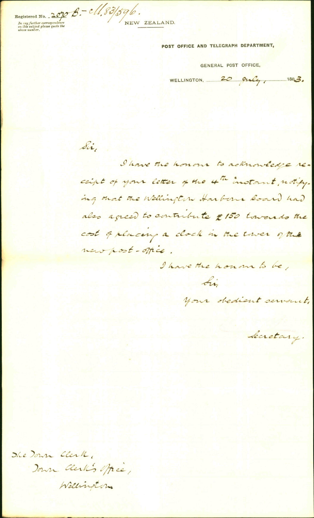Acknowledging receipt of letter, Harbour Board &pound;150 towards Post Office Clock - Postmaster General